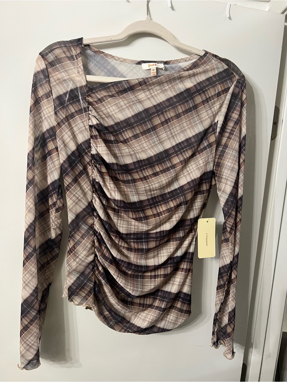 New Ruched Plaid Long-Sleeve Top in Beige and Brown